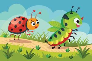 A caterpillar in a race with a friendly ladybug vector