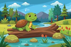 A turtle taking a break on a log in a tranquil pond vector
