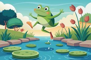 A frog jumping from one stepping stone to another in a pond vector