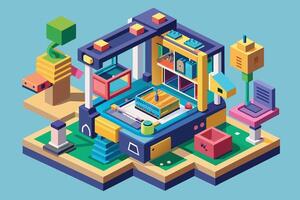 3D printer constructing a complex object layer by layer, 3d printing isometric in blank background vector