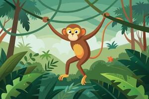 A monkey swinging between branches in a rainforest vector