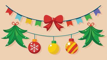 A festive holiday arrangement featuring a decorated Christmas tree, a gift box with a red bow, and garlands adorned with colorful ornaments and snowflakes against a blue backdrop vector