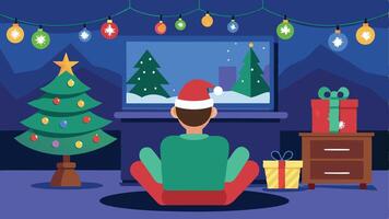 A cozy winter evening with a person in a green sweater enjoying a festive atmosphere by the Christmas tree and wrapped gifts next to a glowing television screen vector