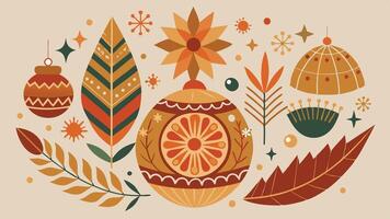 A colorful collection of autumn-themed illustrations showcasing leaves, plants, candles, and decorative elements arranged in a festive layout vector