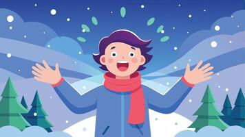A joyful child enjoying snowfall while wearing a warm hat and scarf in a winter landscape with snowy trees and blue skies vector