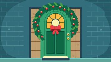 A festive holiday door adorned with a colorful wreath, surrounded by snowflakes, capturing the warmth of winter decoration in a cozy home vector