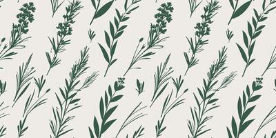 seamless floral pattern with green herbs and grass on light gray background vector