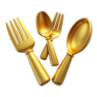 Golden Fork and Spoon 3D Illustration png