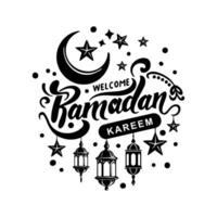 Ramadan Kareem calligraphy with crescent moon, lantern and star decoration vector