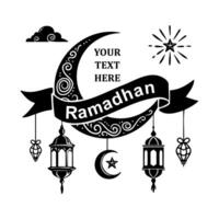 Ramadan kareem greeting card with ribbon elements with easily changeable text, crescent moon, lantern and stars vector