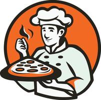 Chef pizza chef holding pizza on plate set inside circle on isolated background done in cartoon style il vector