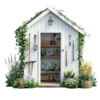 Outdoor Garden Shed with Tools and Greenery png