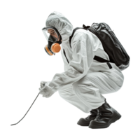 Man in White Protective Suit and Mask Spraying a Bug png