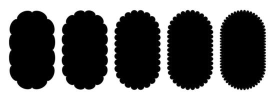 Wavy edge ellipse frame collection. Jagged scallop rounded border element set. Black undulate graphic design templates for decoration, banner, poster, template, sticker, badge. Vintage bundle vector