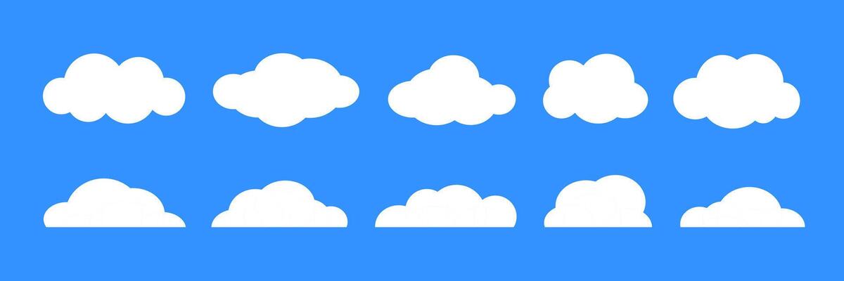 Empty cartoon cloud collection. Comic cloud shapes set for icon, poster, banner, label, badge, tag, logo, decoration. White blank speech bubble pack on blue background. Text box claud bundle.