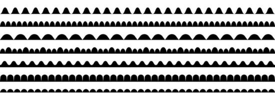 Wavy repeating pattern border collection. Scalloped shape frame set for decoration, banner, poster. Wave edge seamless stripes for divide and separate. Black repeated squiggle stroke pack. vector