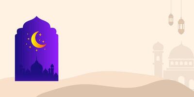 ramadan kareem greeting card with mosque and moon and copy space vector