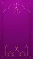 Simple Elegant Islamic Vertical Copy Space Background in Violet with Gold Mosque Silhouette and Crescent Moon Frame vector