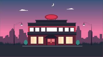 Hotel Building Architecture Landscape with Cityscape and Crescent Moon in the Evening vector