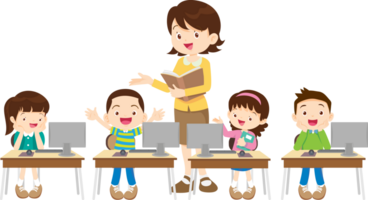 smiling teacher leads a coding session for kids png