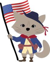 A cartoon character of a raccoon wearing a colonial trappers outfit, holding the USA flag copy vector