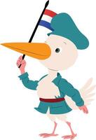 A cartoon character of a stork wearing a mail carriers uniform, holding the Netherlands flag copy vector
