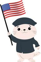 A cartoon character of a seal wearing a Navy SEAL uniform, holding the USA flag copy vector