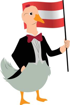 A cartoon character of a swan wearing a symphony conductors tuxedo, holding the Austria flag copy