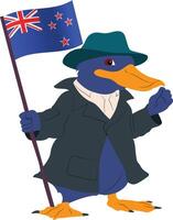 A cartoon character of a platypus wearing a detectives coat, holding the Australia flag copy vector