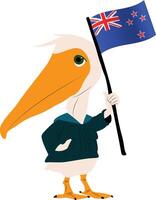 A cartoon character of a pelican wearing a lifeguard uniform, holding the Australia flag copy vector
