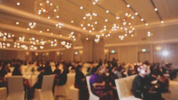 blurred of lecturer and shows presentation, back view rows seats with listeners sitting in conference hall video