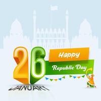 26 January, Happy Republic Day Poster Design with Tutari Player Character on White Silhouette Red Fort Background. vector
