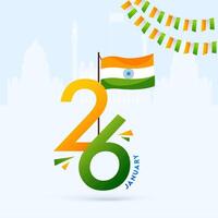 26 January Text with Indian Flag and Bunting Flag on White Silhouette Red Fort Background. vector