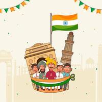 Different Religion Men Doing Namaste Welcome Showing Diversity of India with Wavy Indian Flag on Famous Monuments Background. vector