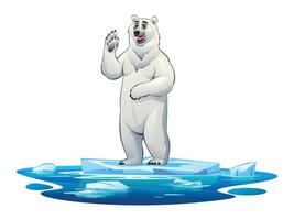 Polar bear waving on a floating ice platform surrounded by icy waters. Cartoon illustration vector