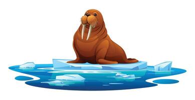 Walrus sitting on a floating ice platform surrounded by icy waters. Cartoon illustration vector