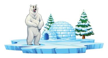 Polar bear standing near an igloo and snowy pine trees on ice. Cartoon illustration vector