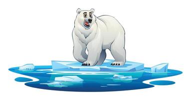 Polar bear standing on an ice platform surrounded by icy waters. Cartoon illustration vector