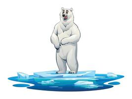 Polar bear standing on a floating ice platform surrounded by water. Cartoon illustration vector