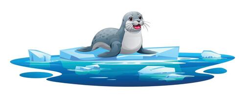Seal smiling cheerfully on a floating ice platform surrounded by icy waters. Cartoon illustration vector