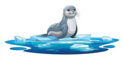 Seal sitting peacefully on a floating ice platform in icy waters. Cartoon illustration vector