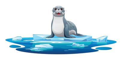 Seal sitting with a cheerful expression on a floating ice platform. Cartoon illustration vector