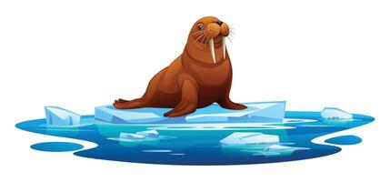 Walrus relaxing on a floating ice platform surrounded by icy waters. Cartoon illustration vector