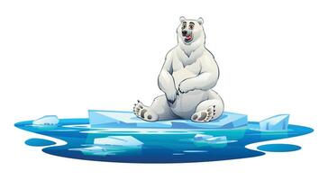 Polar bear sitting on a floating ice block surrounded by icy waters. Cartoon illustration vector