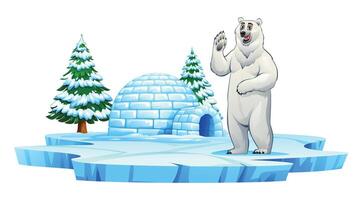 Polar bear waving near an igloo and snow covered pine trees on an icy platform. Cartoon illustration vector