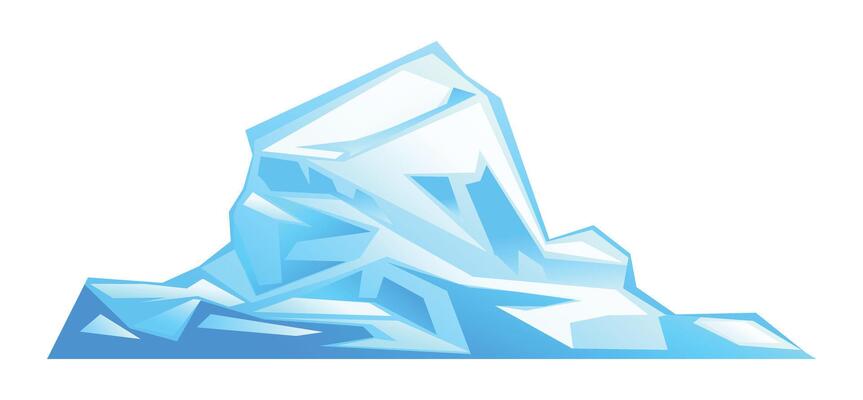 Iceberg with smooth angles and reflective blue surface, icy mountains with snow. South and North Pole. Cartoon illustration