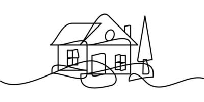 continuous line drawing of house symbol with tree. abstract line art illustration vector
