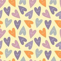 Seamless Cute Heart Pattern with Smile Faces in Warm Pastel Colors vector