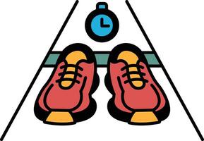 A pair of red running shoes are on a white track with a clock in the background vector