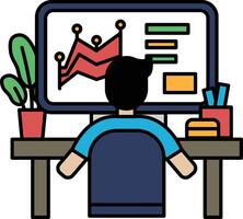 A man is sitting at a desk in front of a computer monitor vector